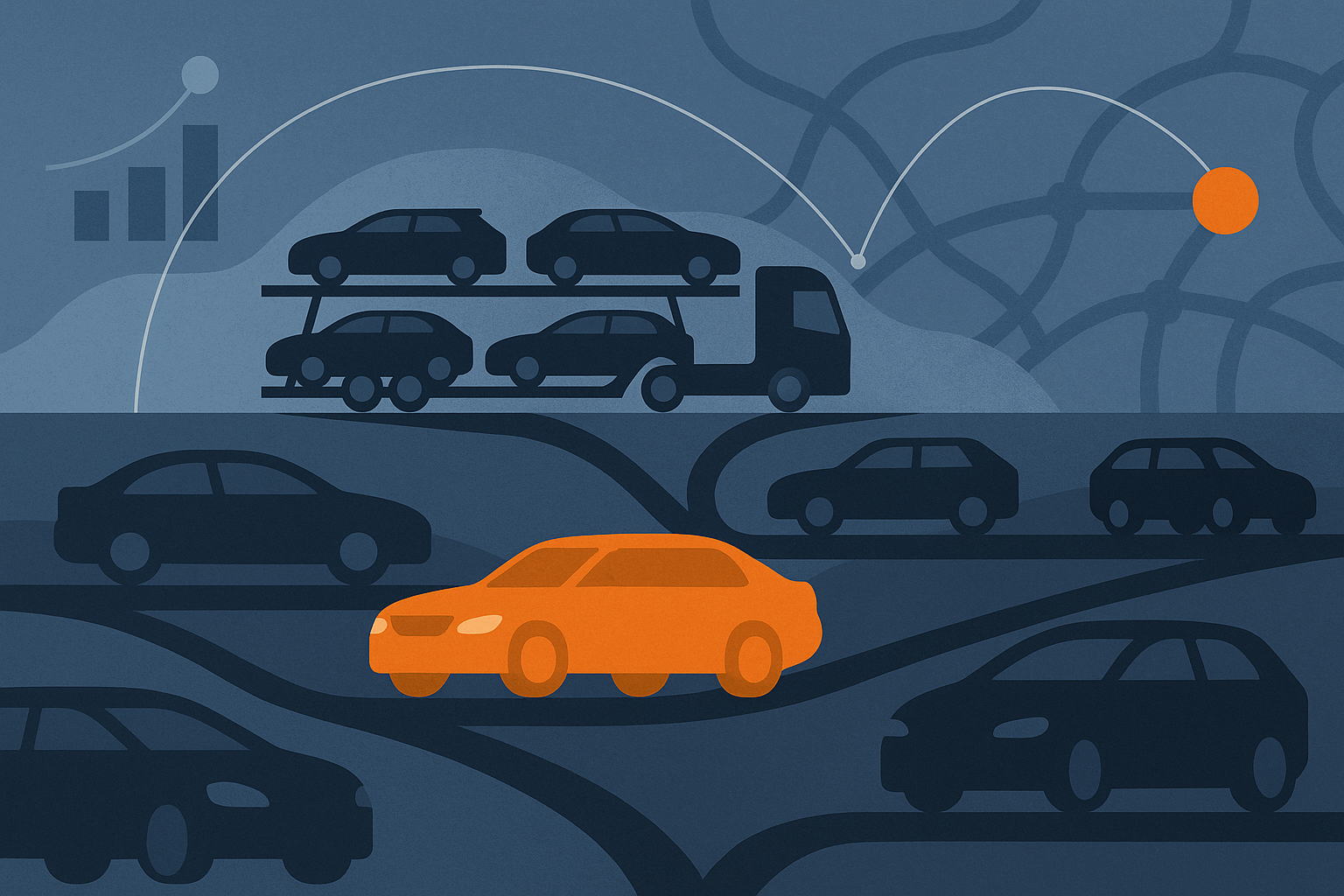 Editorial illustration for a European car-logistics article: Compound dwell time as the hidden cost centre in OEM distribution