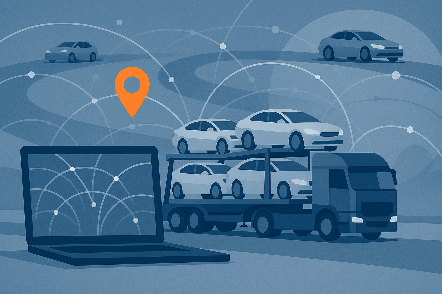 Editorial illustration for a European car-logistics article: Giving OEMs the same outbound visibility they have for inbound parts