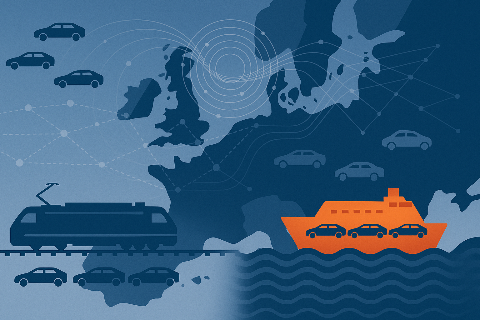 Editorial illustration for a European car-logistics article: Rail vs short-sea ro-ro: rebalancing OEM vehicle flows across Europe