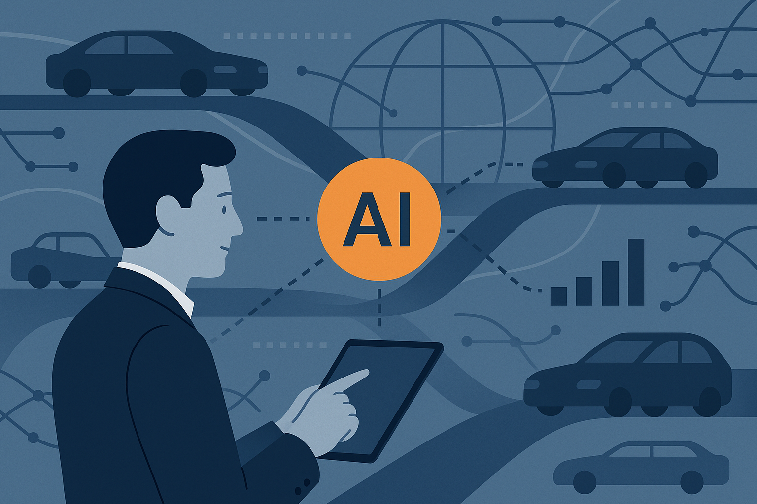 Editorial illustration for a European car-logistics article: The AI Tipping Point in Car Logistics Is Here. The Industry Is Still Deciding Whether to Notice.